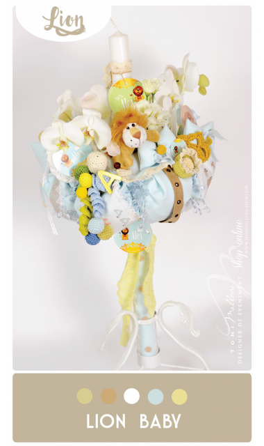 Lumanare de botez pentru cu orhidee si leuti pentru baieti, 65x4 cm, Baby Lion  8